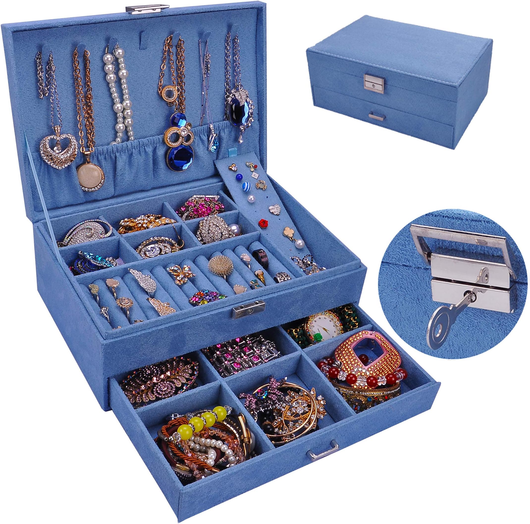 QBeel Jewelry Box for Women, Double Layers 53 Compartments Necklace Jewelry Organizer with Lock Drawer Jewelry Holder for Earrings Bracelets Rings Necklace - Sky Blue