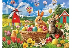 KRIBIN Large Piece 100 Piece Puzzle for Adults Seniors and Kids - Happy Easter - Easter Eggs Bunny Tulips Lilies
