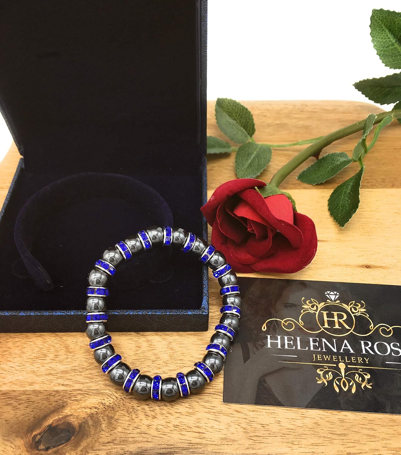 Helena Rose Bracelet, Black Tourmaline Gemstones with Sparkling Blue Rhinestone Crystals, Spiritual Bangle for Men & Women - Image 5
