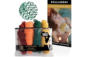 BELLANOMI 4 Piece African Exfoliating Net Sponge Long African Bath Sponge, Authentic Ethically Sourced from Nigeria, Great for Daily Use (Copper Brown, Orange, Green, Yellow)