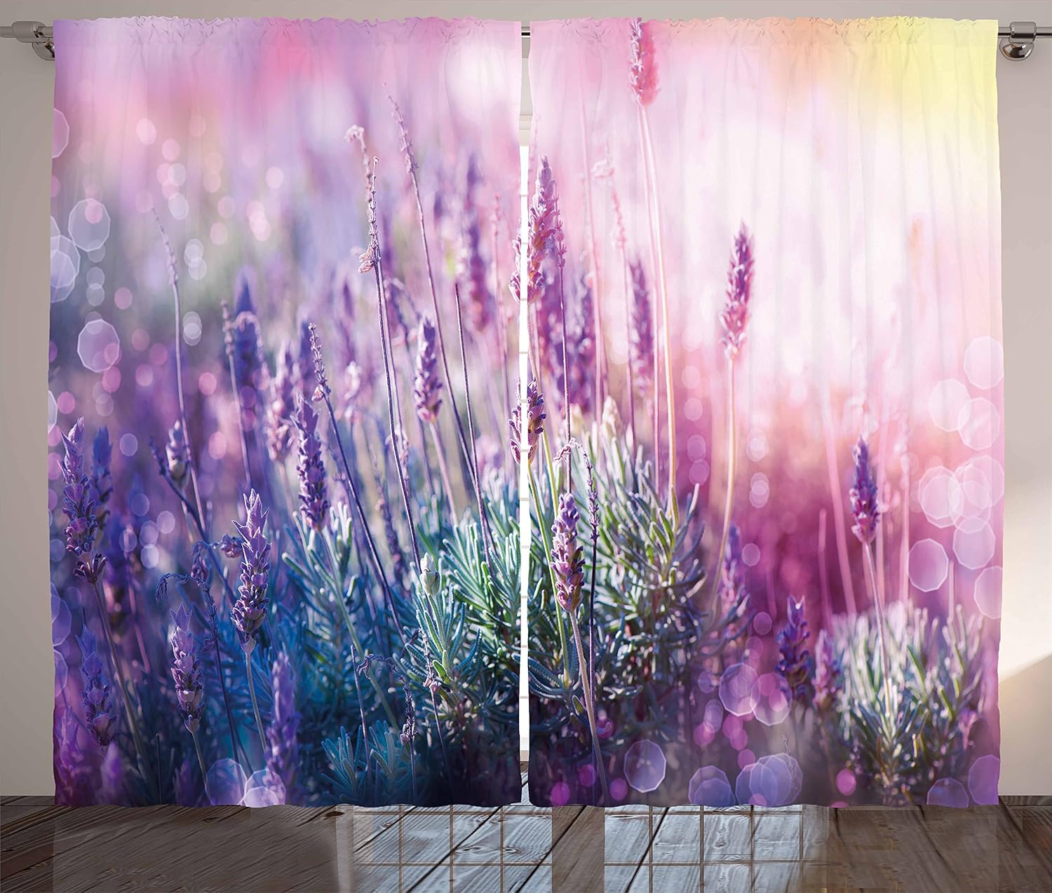Ambesonne Lavender Curtains, Fantasy Dreamlike Herbal Meadow Close View Nature Theme, Living Room Bedroom Window Drapes 2 Panel Set, 108" X 84", Teal Pale Pink Lilac