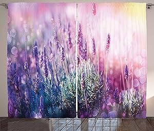 Ambesonne Lavender Curtains, Fantasy Dreamlike Herbal Meadow Close View Nature Theme, Living Room Bedroom Window Drapes 2 Panel Set, 108" X 84", Teal Pale Pink Lilac