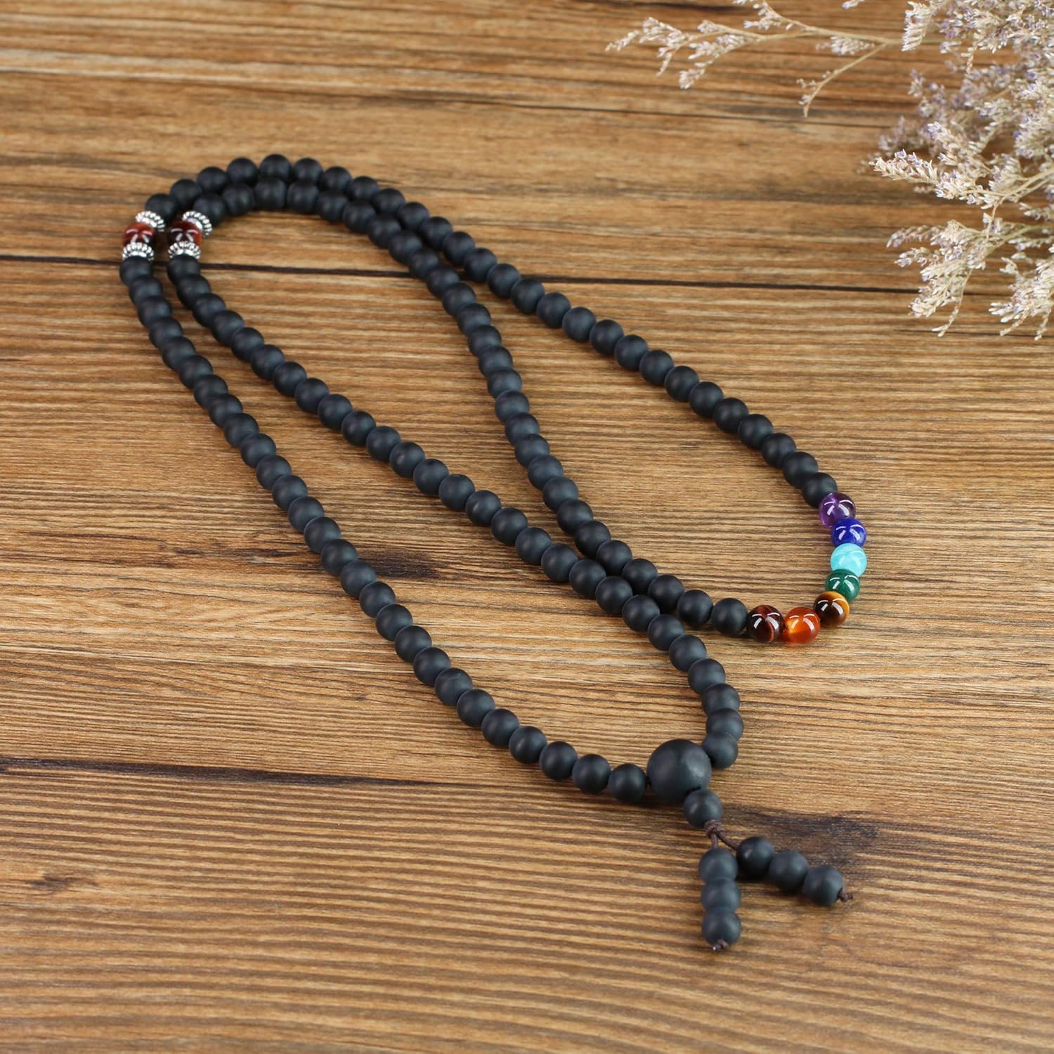 COAI 108 Japa Mala 7 Chakra Onyx Stone Wrap Bracelet Necklace, Black, 28.5 inches - Image 5
