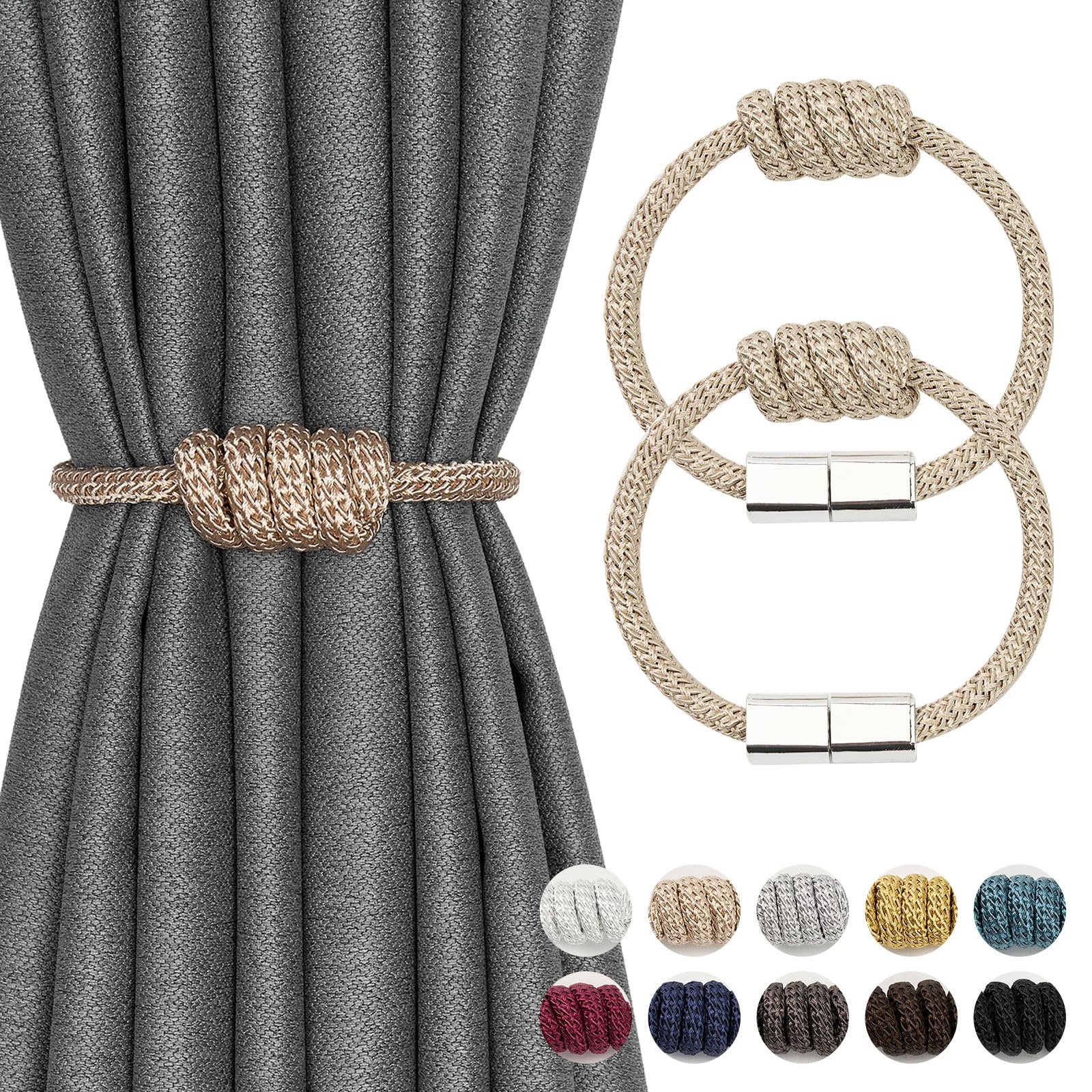 Pretty Jolly 2 Pack Mini Magnetic Curtain Tiebacks Modern Simple Style Drape Tie Backs Elegant Hand Weave Rope Knot Decorative Curtain Holdbacks for Home & Office Window Drapery (Beige)
