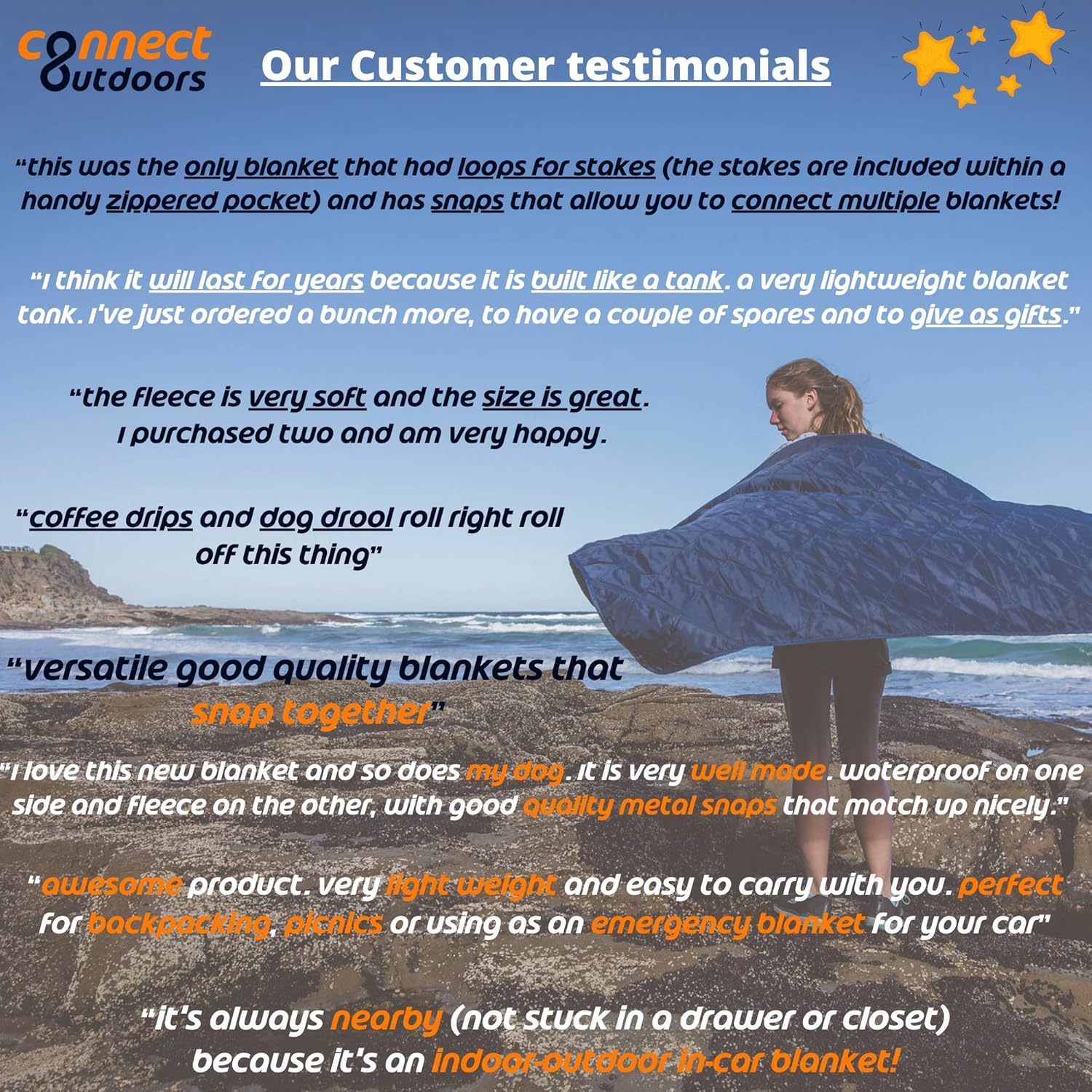 Connect Outdoors Camping Blanket Waterproof Windproof Packable Foldable Extendable Warm Quilted Fleece for Picnic, Beach, Backpacking, Travelling, Festivals, Pet - Car Seat Cover, Large 76 x 58 Inch: Kitchen & Dining