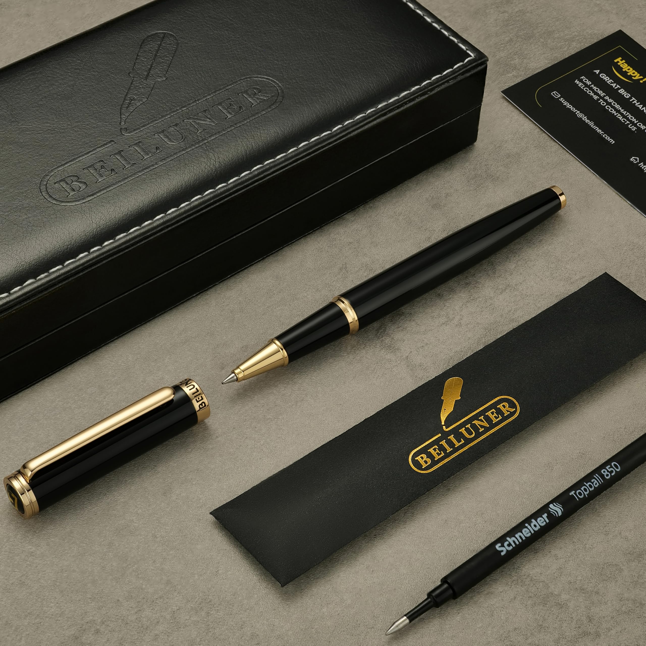 BEILUNER Hochwertiger Tintenroller mit Echtvergoldung - Professioneller Kugelschreiber mit schwarzer Schneider 850 Mine - Geschenkbox - Luxus Schreibgerät für Business & Geschenkanlässe(Schwarz) 2