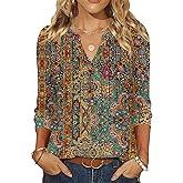 LOMON 3/4 Length Sleeve Womens Tops Pleated Puff Sleeve V Neck Work Blouses for Women Dressy Casual Spring Summer Clothes