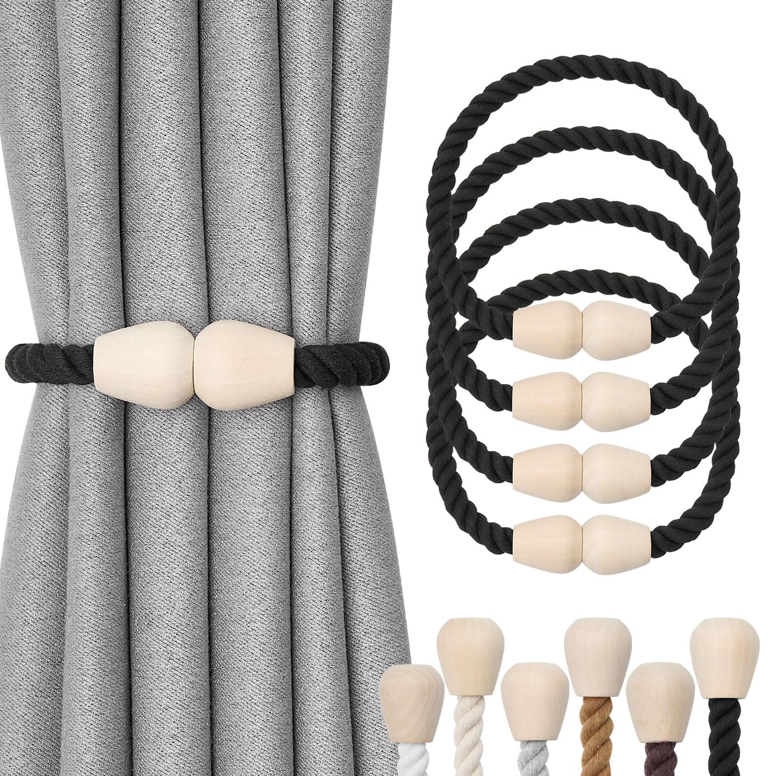 Pretty Jolly 4 Pack Wooden Magnetic Curtain Tiebacks Elegant Boho Home Decoration Drape Tie Backs Natural Cotton Handmade Rope Curtain Holdbacks for Home & Office Window Drapery (Black)