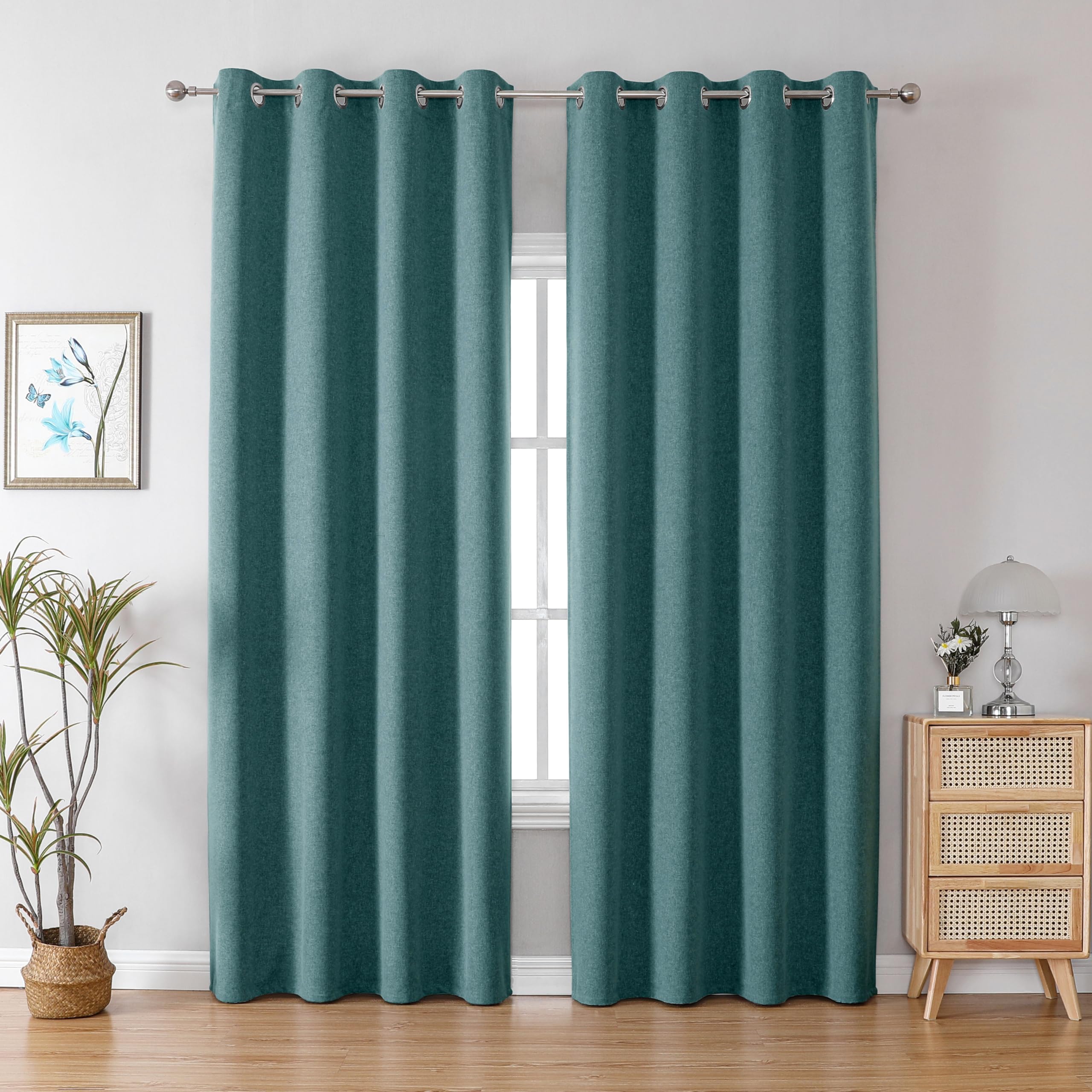 CUCRAF 100% Blackout Curtains Double-sided Linen Curtains Forest Green Thermal Curtains 72 Inch Drop 2 Panels Soft Texture Eyelet Curtains for Bedroom Living Room 52 X 72 Inch