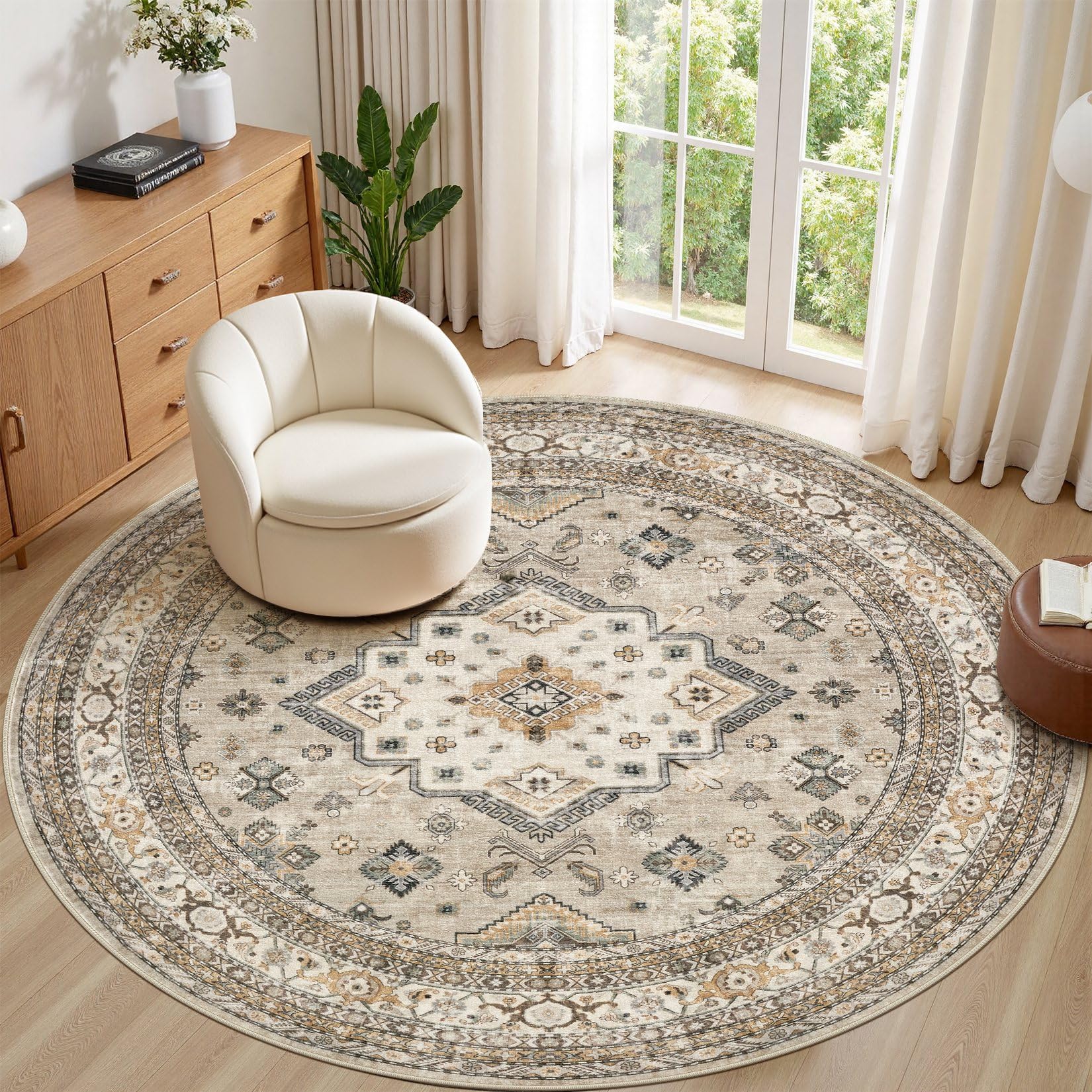 8ft Round Vintage Living Room Area Rug - 8x8 Large Soft Washable Oriental Traditional Distressed Farmhouse Rugs for Bedroom - Indoor Floor Accent Carpet for Home Office House Decor - Beige Image