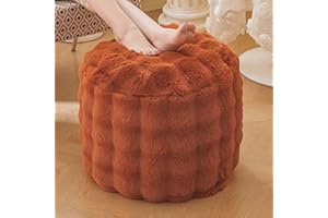 LIFEREVO Faux Rabbit Fur Round Inflatable Pouf Ottoman, 20" X 16" Fluffy Waffle Bubble Floor Poufs Foot Rest for Living Room Bedroom, Furry Pouf Foot Stool Kids Girls Adults, Anti-Slip, Burnt Orange