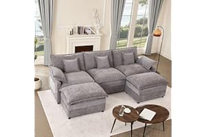 GOSUHI 108" U Shaped Couch, Modular Sectional Sofa, 3-Seater Comfy Cloud Couch with Movable Ottoman, Deep Seat Couches for Living Room, Chenille, Slate