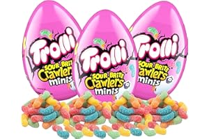 PARTYPOM Trolli Sour Brite Pre-Filled Plastic Eggs, Pack of 3 Easter Candy Mini Gummy Crawlers in Egg Shaped Container, Gummie Worms Candy Filled Easter Egg for Egg Hunts and Easter Basket Kids Gifts