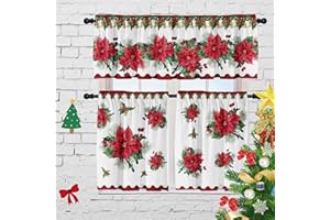 Cuteiush Christmas Poinsettia Curtain Valances Set, Red and Green Rod Pocket Festive Xmas Decor for Kitchen, Bedroom, Bathroom, Laundry Short Curtains 52Lx18W inch 36Lx26W inchx2, 3 Panel Set