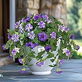 FOREST PRINCE Artificial Flowers for Outdoors, 2PCS Realistic Fake Silk Petunias UV Resistant No Fade Spring Floral, Faux Flowers for Outdoor Garden Windowsill Patio Porch Home Decor, Purple White
