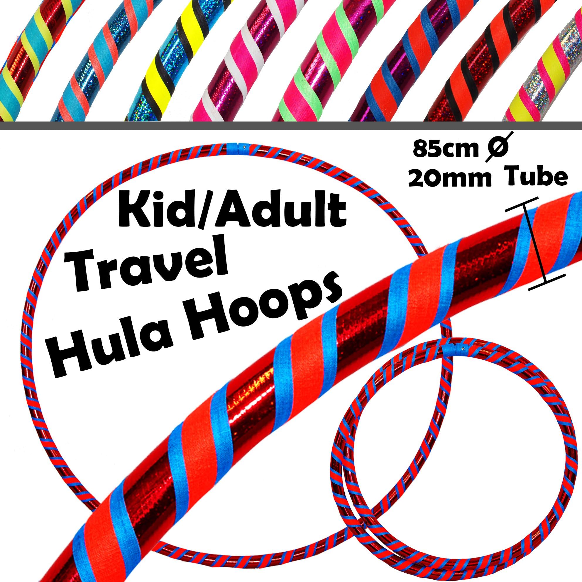 KIDS Hula Hoops (Ultra-Grip/Glitter Deco) - 3 COLOUR Weighted Childrens and Adults TRAVEL Hula Hoop (85cm/33.5 inch) - Hula Hoops For Exercise, Dance & Fitness! (420g) (Red Glitter / Blue / Orange)