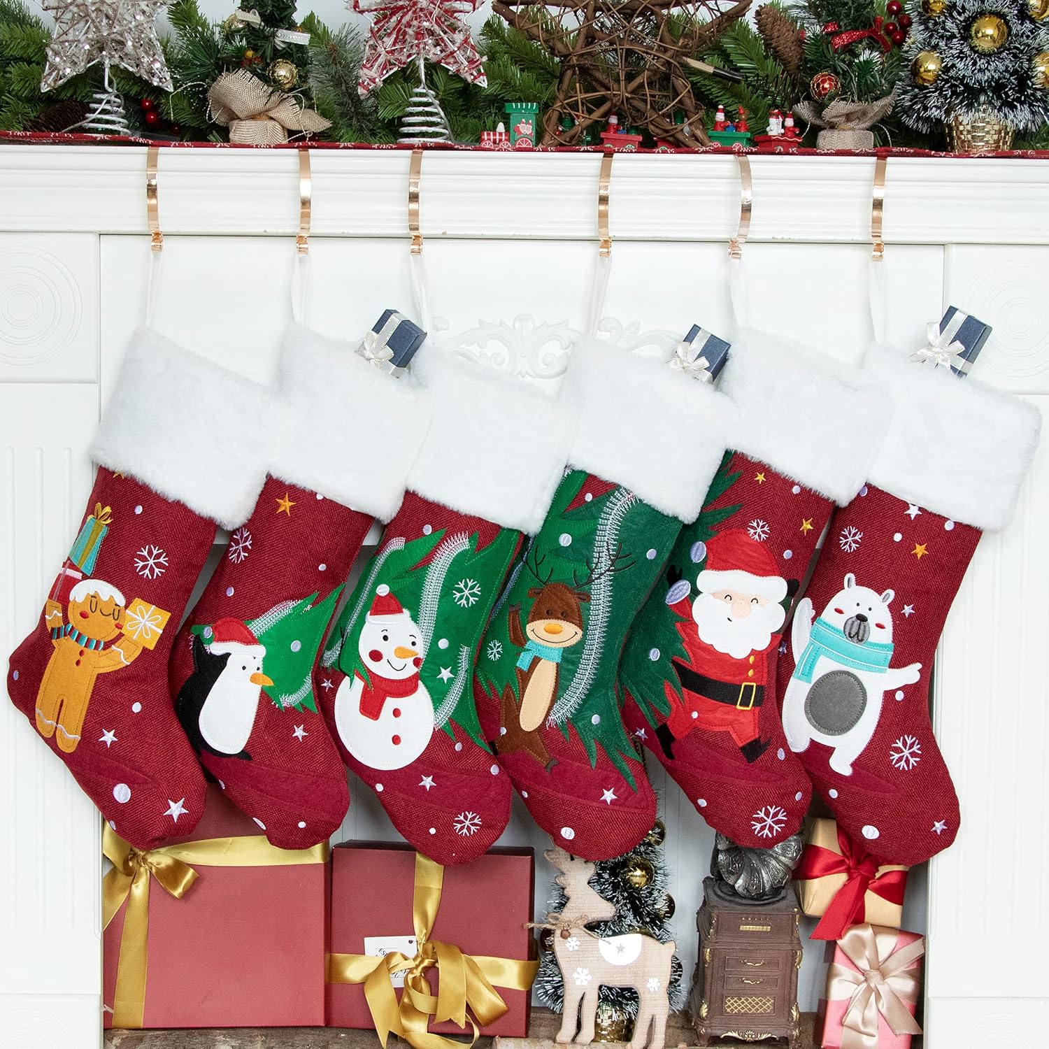 Stockings & Holders - BHD BEAUTY Set of 6 Family Christmas Stockings Carry The Tree Together Embroidery Red Burlap Soft Faux Fur 20 Inches for Decorations Hanging Ornament for Xmas Holiday