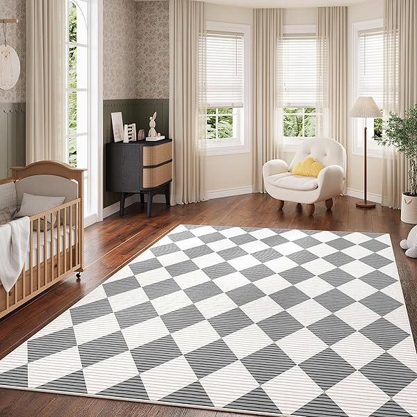 ARKIIKI 3X5 WASHABLE CHECKERED RUGS FOR BEDROOM, GREY AND WHITE AREA RUG FOR LIVING ROOM, GEOMETRIC DIAMOND INDOOR RUG FOR KIDS, GIRLS, BOYS PLAYROOM, DORM, NURSERY, DINING ROOM, KITCHEN, NON SLIP