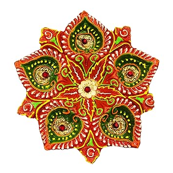 ShopMeFast Handcrafted Terracotta/Earthen Clay Decorative 5 Diya Thali Diwali Diya Puja Thali/Decorative Tray (Diameter : 6 Inches.)