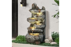 Dephet Outdoor Cascading Rock Water Fountain, 6-Tiers Fountains and Waterfalls with LED Lights, Indoor Freestanding Resin Waterfall Feature w/Pump for Patio, Garden, Backyard, Deck, Porch, Home Decor