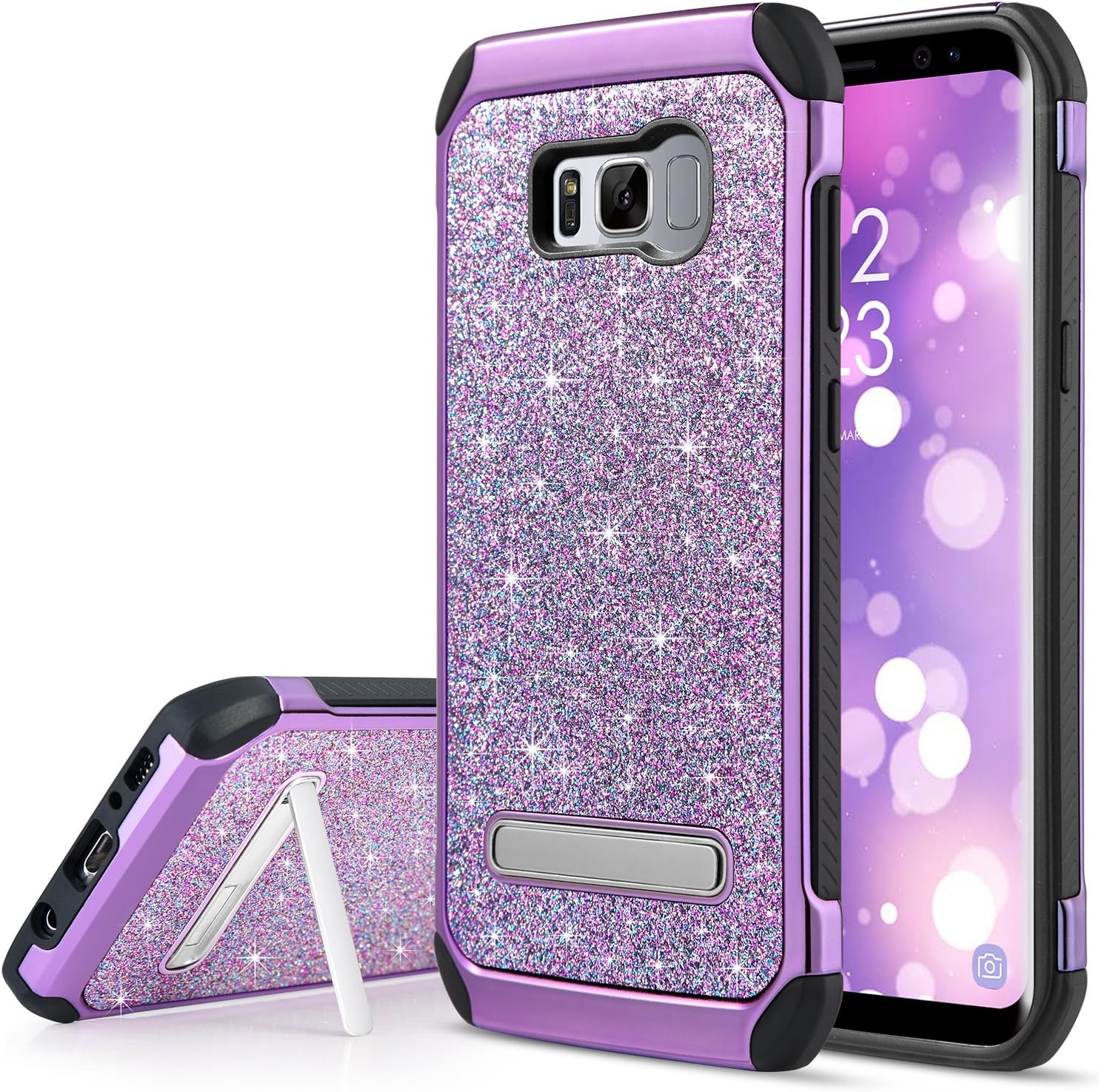 UARMOR Case for Galaxy S8, Luxury Glitter Bling Shockproof Rugged Hybrid Kickstand Slim Sparkly Shiny Faux Leather Chrome Hard Phone Case Cover for Samsung Galaxy S8 5.8 Inch, Purple