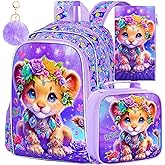 FTJCF 3Pcs Backpack for Girls, 16" Kids Bookbag with Lunch Box，Lion School Backpacks for Elementary Preschool Kindergarten (Purple)
