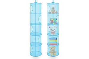 COASTAL ROSE 2Pcs Hanging Mesh Space Saver Bags Organizer, Foldable Storage Organizer 5 Compartments Toy Storage Organizer for Kid Room Toys, Gloves,Hats,Socks Storage Blue