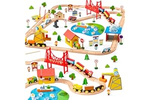 SYNCFUN 110PCS Wooden Train Set - Toy Magnetic Trains with Wooden Track Set for Kids Ages 3-8, City Scene Railway Set, Perfect Christmas Birthday Gift for Grandkids Toddlers Boys Girls