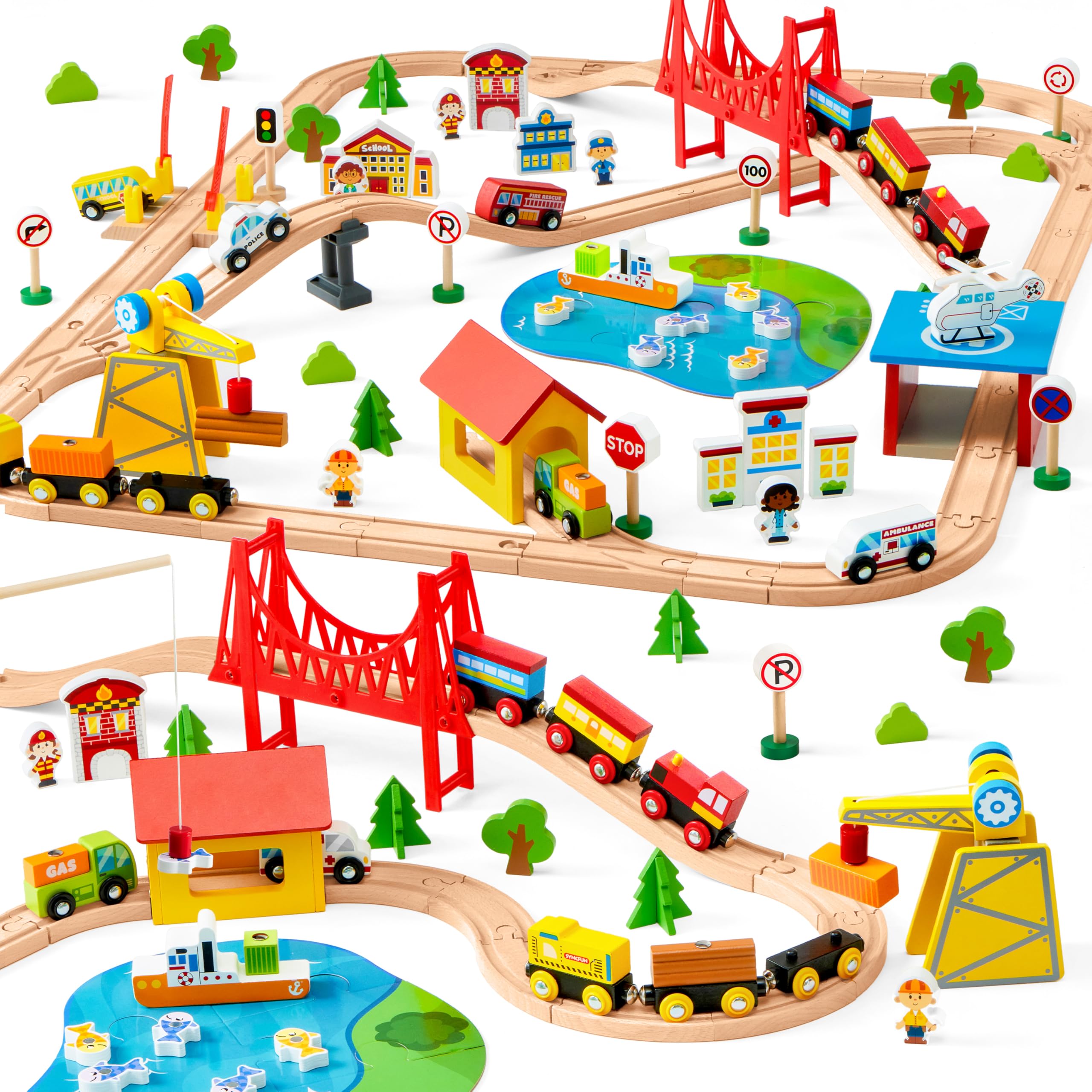 Photo 1 of 110PCS Wooden Train Set - Toy Magnetic Trains with Wooden Track Set for Kids Ages 3-8, City Scene Railway Set, Perfect Christmas Birthday Gift for Grandkids Toddlers Boys Girls