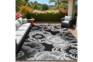 MontVoo Outdoor Rug-Waterproof Patio Rug Mat 5x8 ft Outdoor Carpet Mat Reversible Plastic Straw Outside Outdoor Rug for RV Camping Picnic Beach Balcony Backyard Pool Deck Porch Farmhouse Floral Black