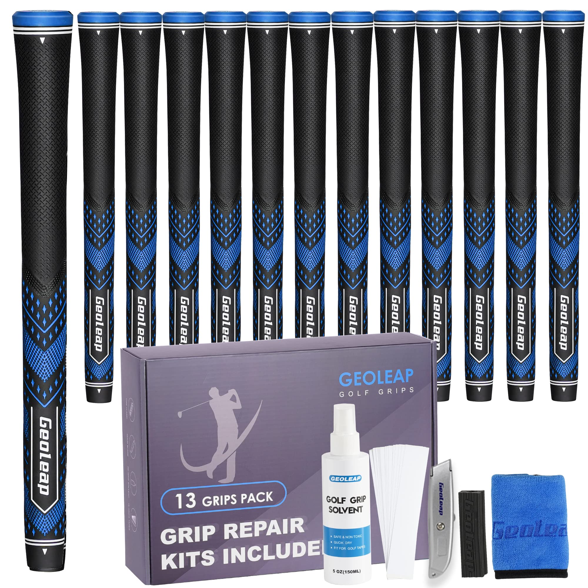 Photo 1 of Geoleap Midsize Black Golf Grips Set of 13 - Soft, Reduced Taper Design, 13 Grips with 15 Tapes and Repair Kits