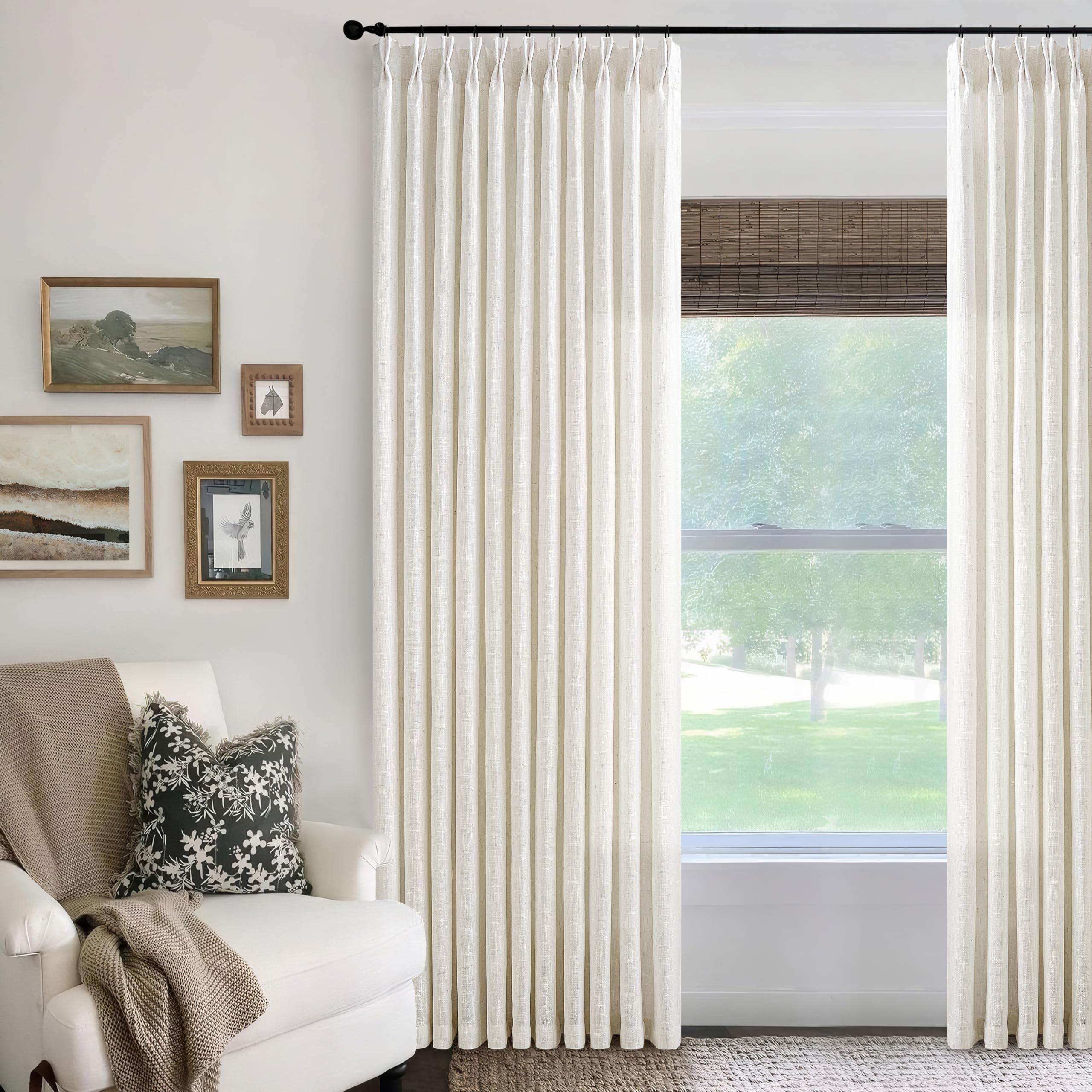Photo 1 of Cream Ivory Extra Wide Pinch Pleat Linen Curtains 120 Inches Long for Living Room Sliding Glass Door 70 Inch Wide Curtain Memory Trained Pleated Drape with Hooks Rings 70 x 120 Large Window Curtain