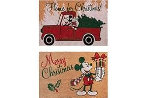 Gertmenian Mickey Mouse Coir Front Door Mat (2-Pack) Mats for Home Entrance Retro Welcome Mat Disney Home Decor 20" x 34" Each, Red Green Home for Christmas, 47321