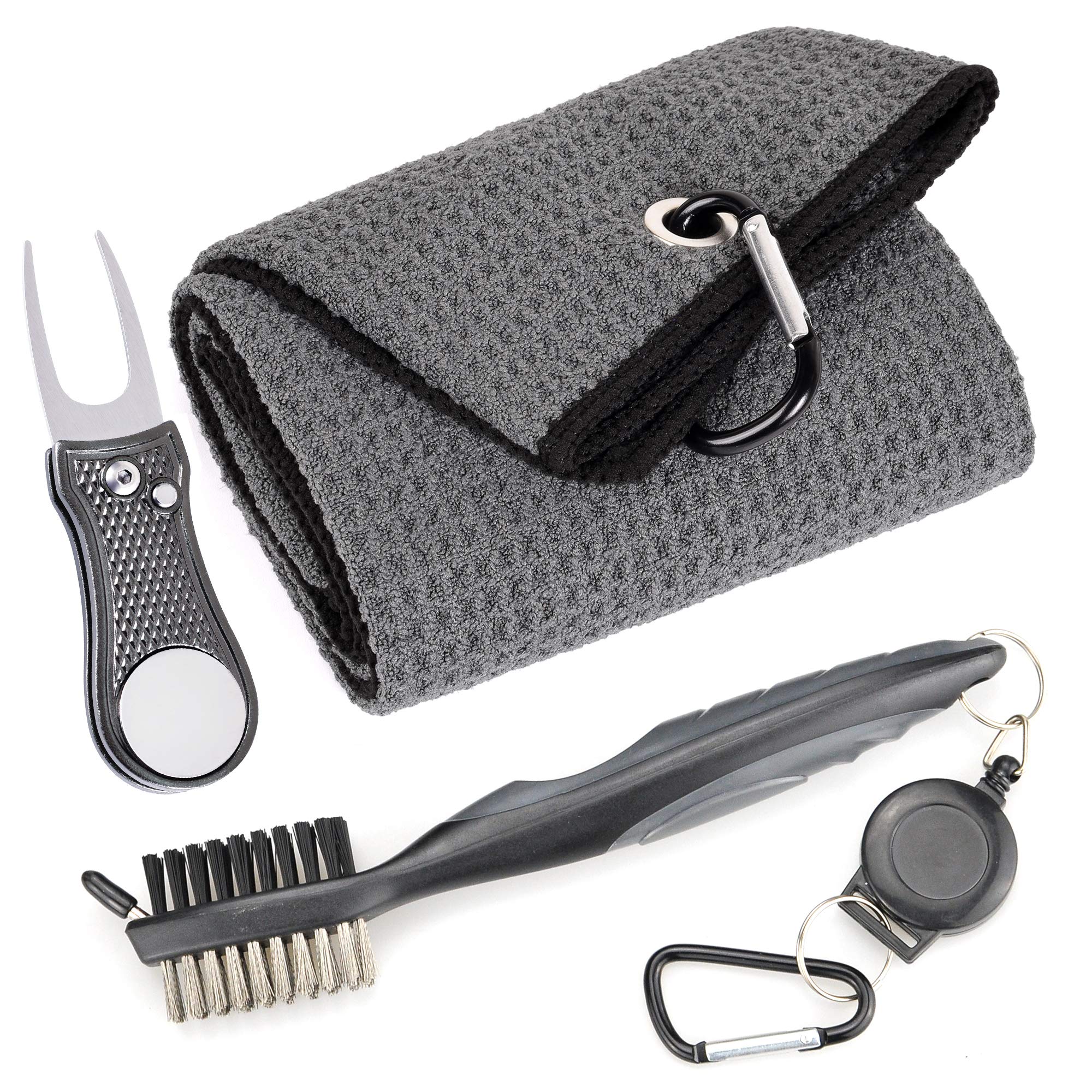 Photo 1 of Mile High Life Microfiber Waffle Pattern Golf Towel | Club Groove Cleaner Brush | Foldable Divot Tool with Magnetic Ball Marker (Dark Gray Towel/Brush/Bone Divot)