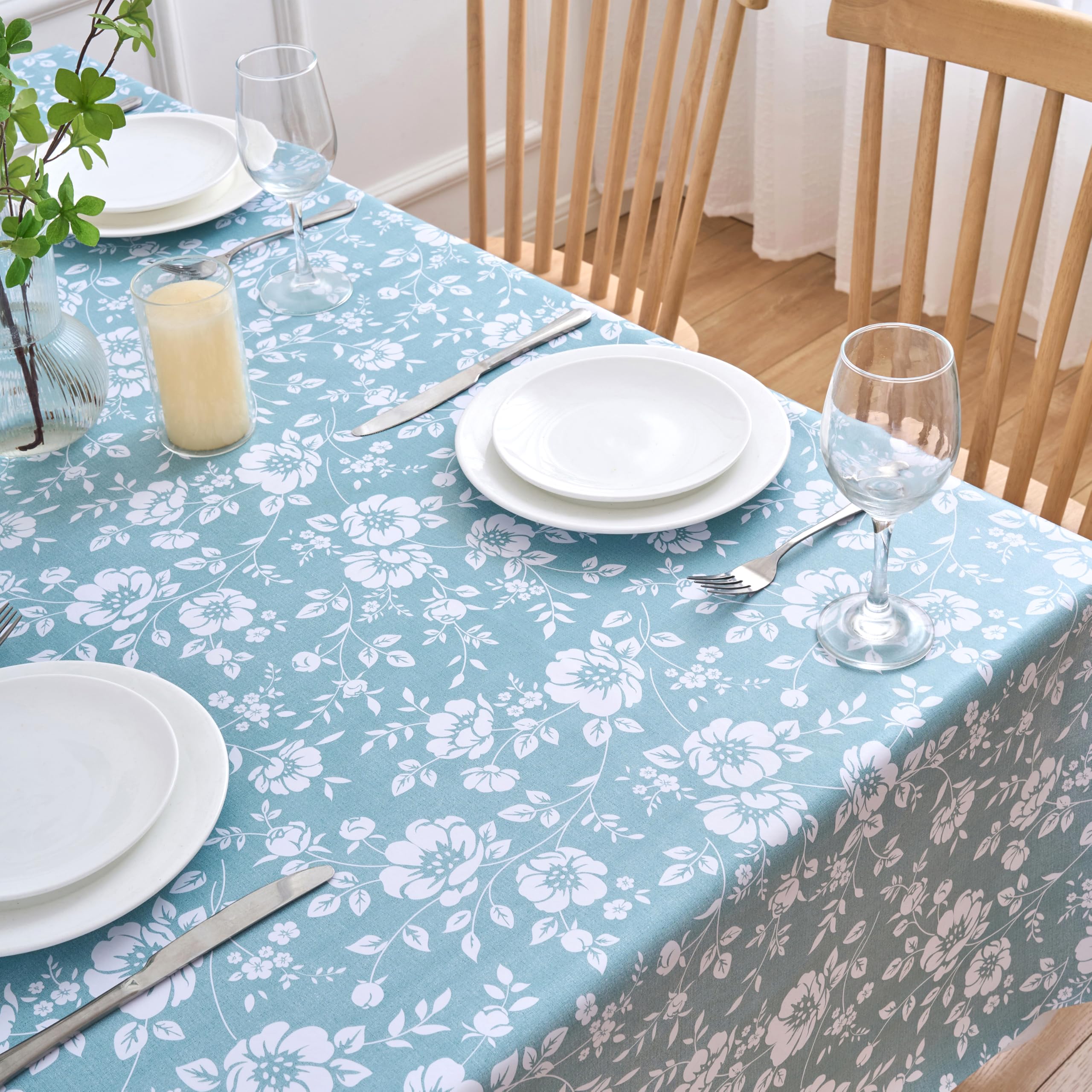 Dehaus® Wipe Clean Table Cloth - XL Duck Egg Floral Bloom - PVC Oilcloth Table Cover - Rectangular Plastic Vinyl Tablecloth - Water Resistant Easy Clean - Kitchen Dining Protector (140 x 300cm)