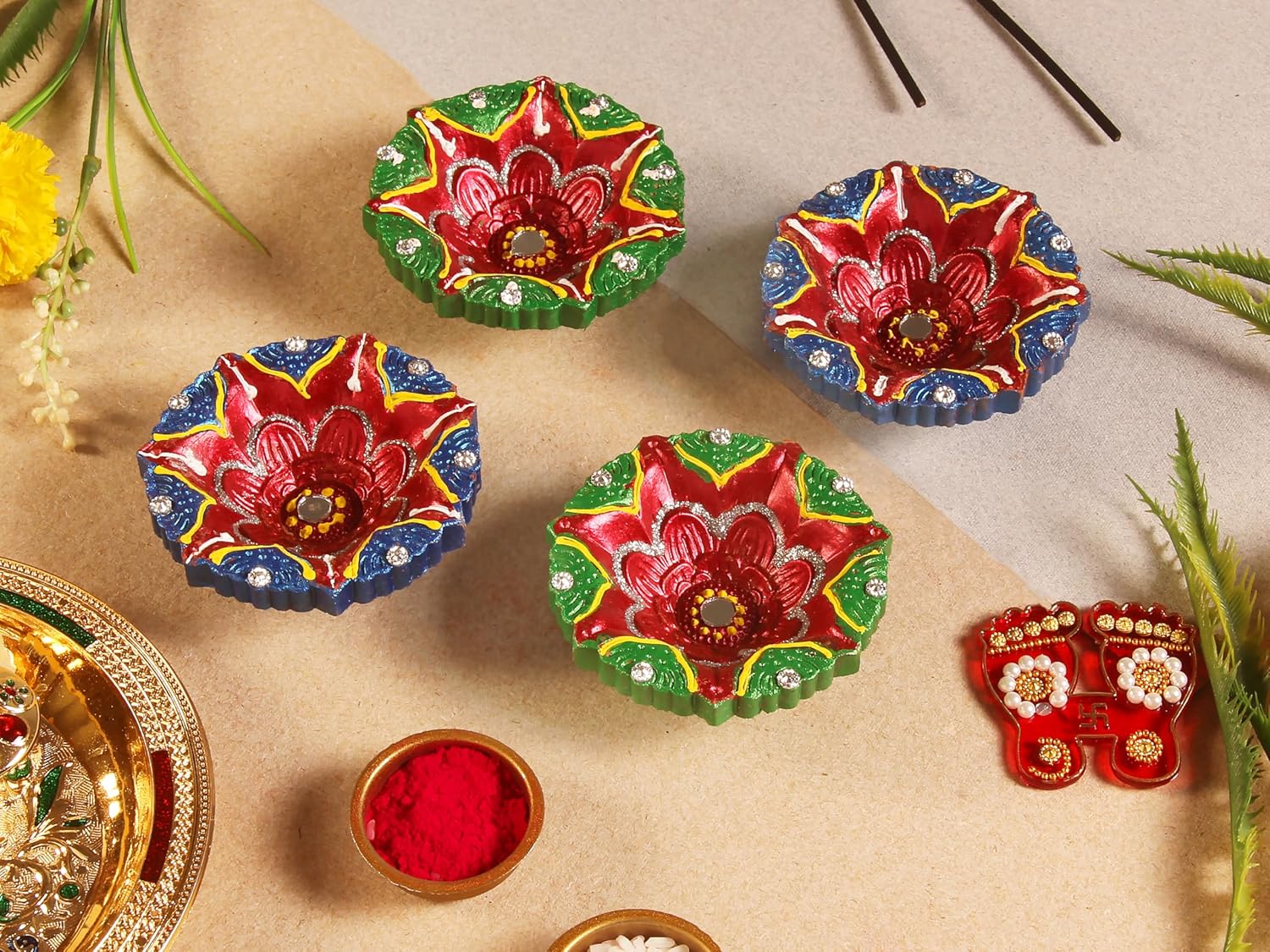 Oil Lamps & Accessories - Handmade Terracoaat Set of 4 Green & Blue Premium Clay Diya for Diwali/Navratri Decorations Oil Lamp Diwali Clay Diya Tea Light Holder Indian Decor Festival Gifts Puja Items