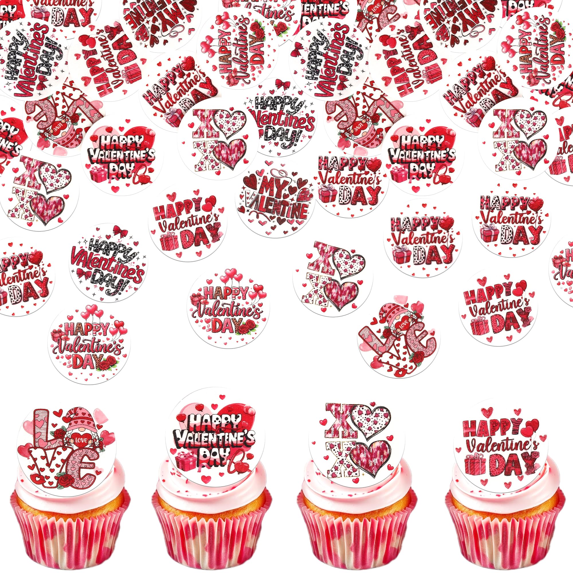 SYKYCTCY 64 Pack Edible Happy Valentine's Day Cupcake Toppers Sweet Love Cupcake Picks XOXO I Love You Decoration for Valentine's Day Theme Birthday Party Cake Decorations Supplies
