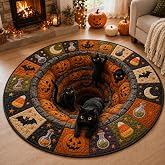 3D Black Cat Halloween Rug, Optical Illusion Pumpkin Spooky Floor Mat | Realistic 3D cat vortex rug with pumpkin design, perfect for Halloween parties, spooky rooms and seasonal decor.