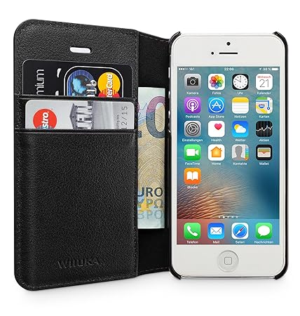 WIIUKA Echt Ledertasche -TRAVEL Away- für Apple iPhone 5 / 5S / SE mit DREI Kartenfächern, extra Dünn Tasche Schwarz Premium 