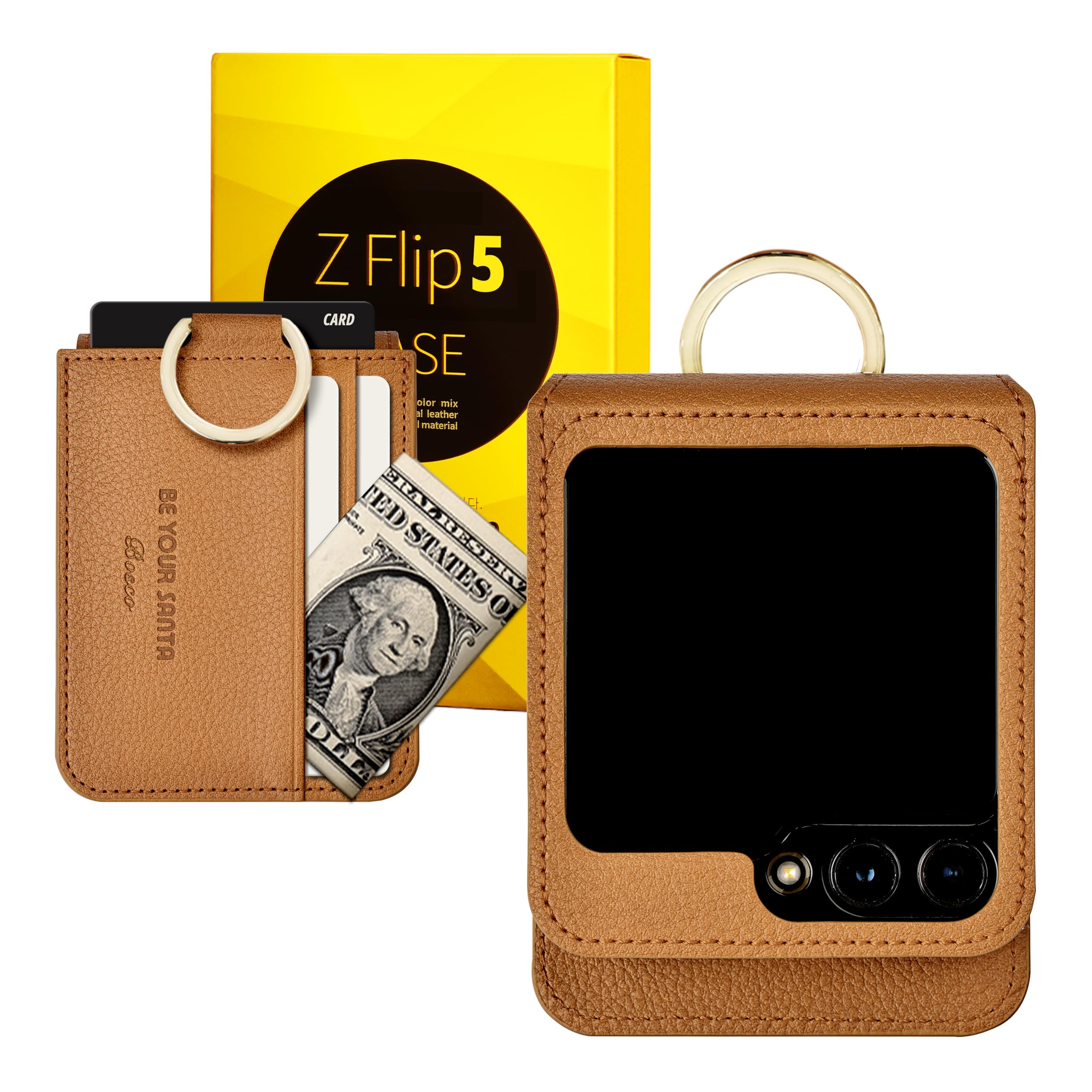 Photo 1 of [BeYourSanta] Galaxy Z Flip 5 Case Bosco & Bianco with Card Holder, Camera Cover, and Hinge Protection - Italian Vegan Leather | Ring Holder, Wireless Charging (Saddle Brown, Z Flip5 Bosco)