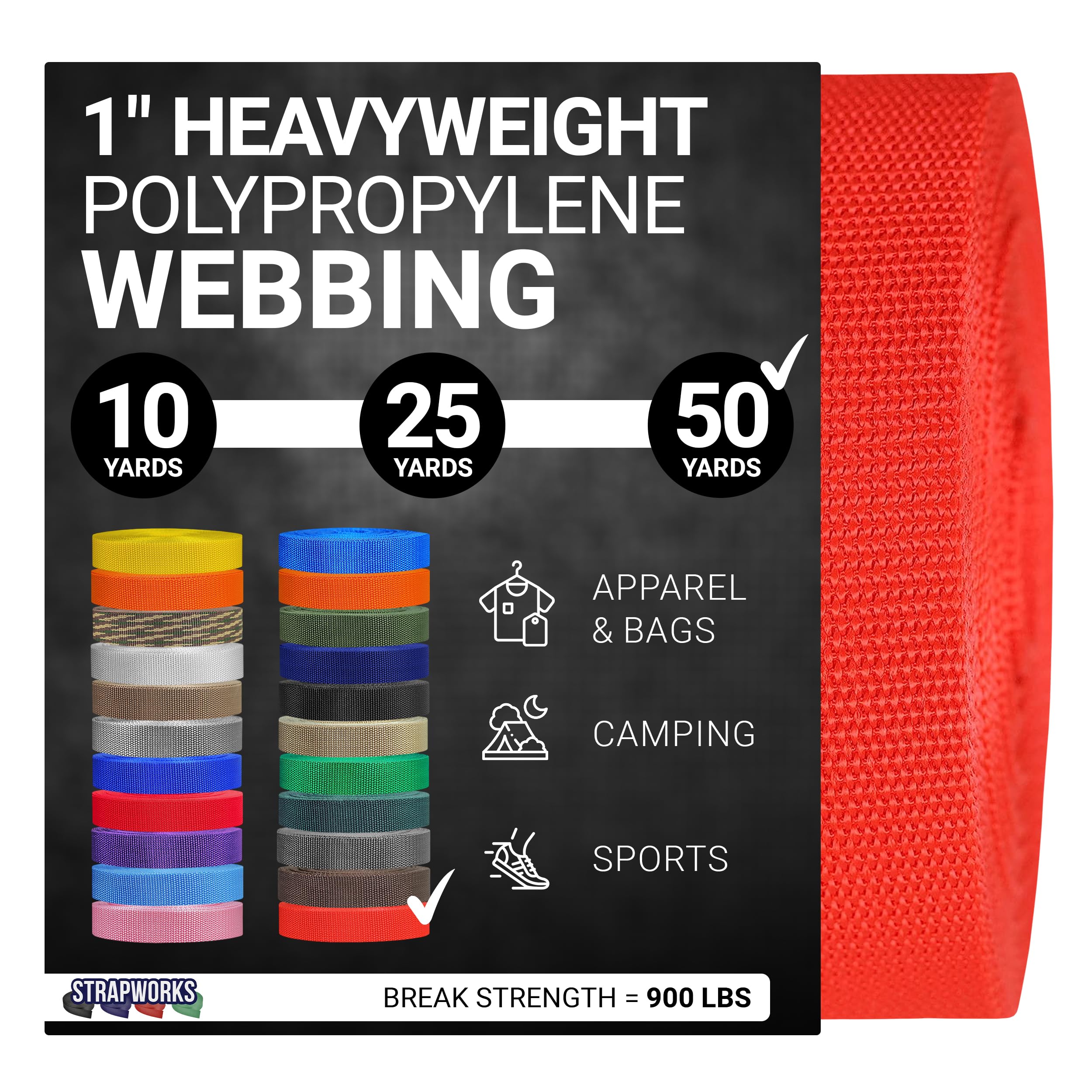 Strapworks Heavyweight Polypropylene Webbing - Heavy Duty Poly Strapping for Outdoor DIY Gear Repair, 1 Inch x 50 Yards - Blood Orange