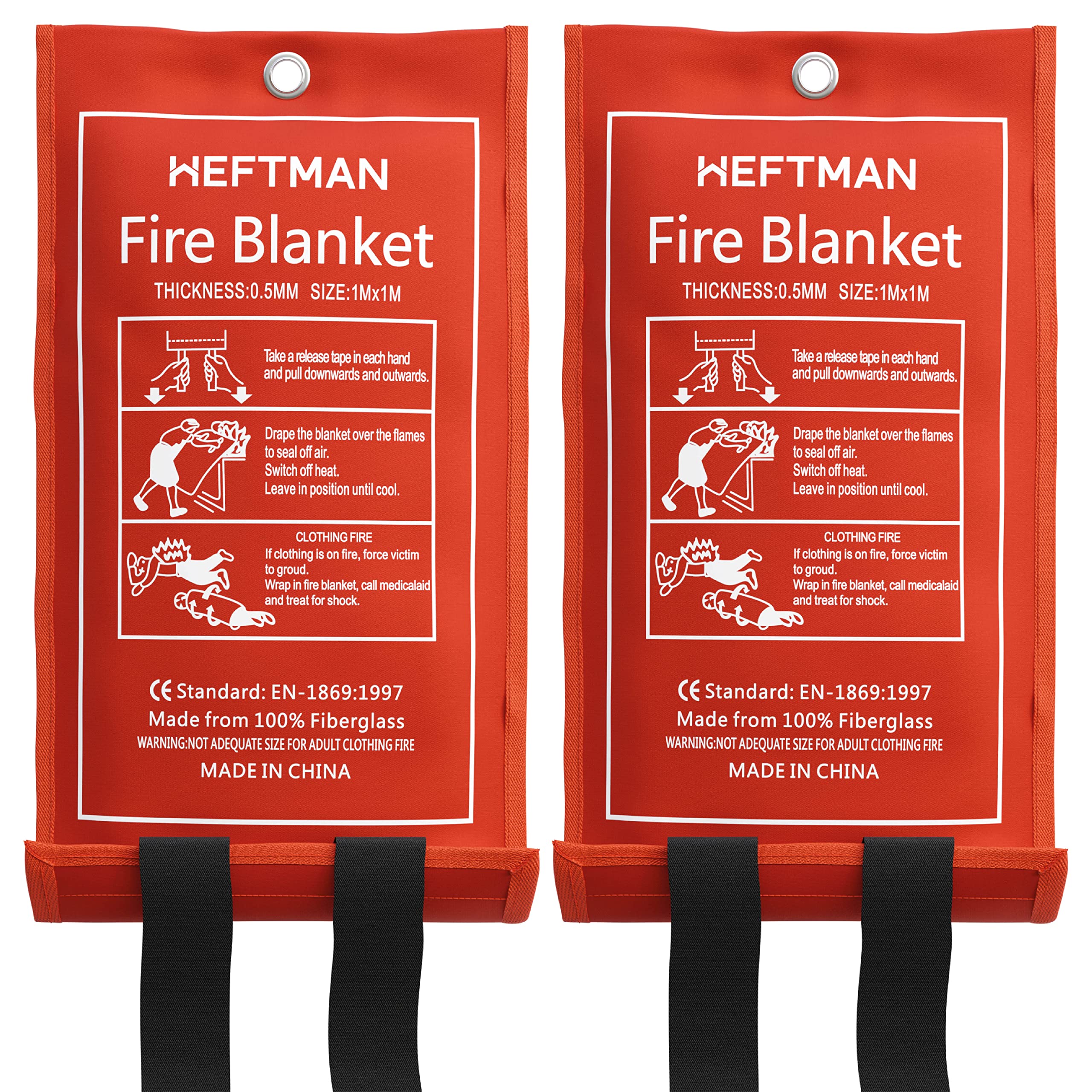 HEFTMAN Fire Blankets 2 Pack - Large Fiberglass Fire Blanket in Red Case with Flame-Retardant Cotton Handles, Fire Blanket for Caravan, Kitchen, Home & Office Emergencies - 1 m x 1 m (Pack of 2)