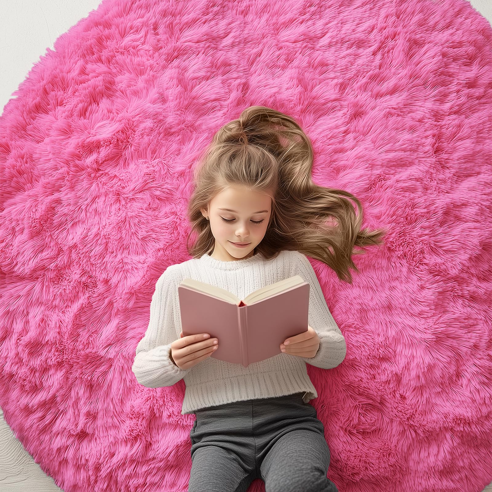 OLANLY Hot Pink Round Rugs for Bedroom - Machine