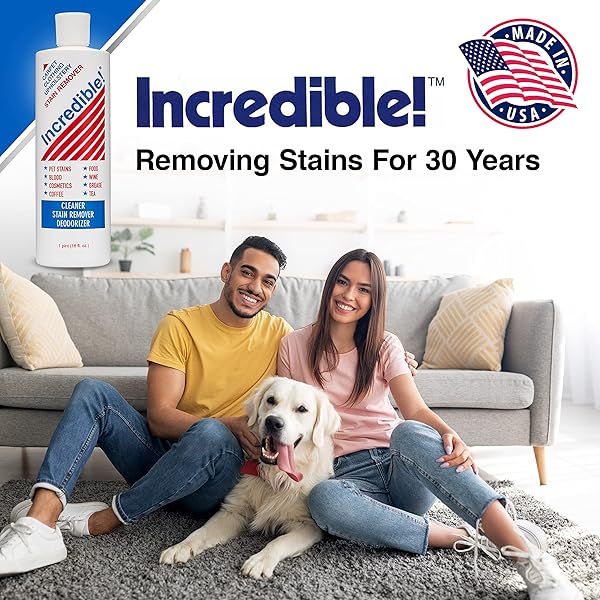 INCREDIBLE! STAIN REMOVER – STAIN REMOVER FOR CLOTHES, LAUNDRY, CARPETS, MATTRESS & UPHOLSTERY, REMOVES MOST HOUSEHOLD STAINS – PET STAINS, URINE, ODORS, RED WINE, COSMETICS & COFFEE! 16.OZ
