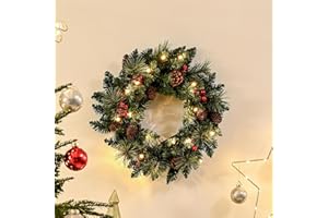AOMOONOA 20Inch Light up Christmas Wreath, Pre-Lit Artificial Wreath for Christmas Door Decoration, Battery Operated Xmas Wreath with Timer, 20LED Warm Lights for Outdoor, Indoor Wall, Fireplace Decor