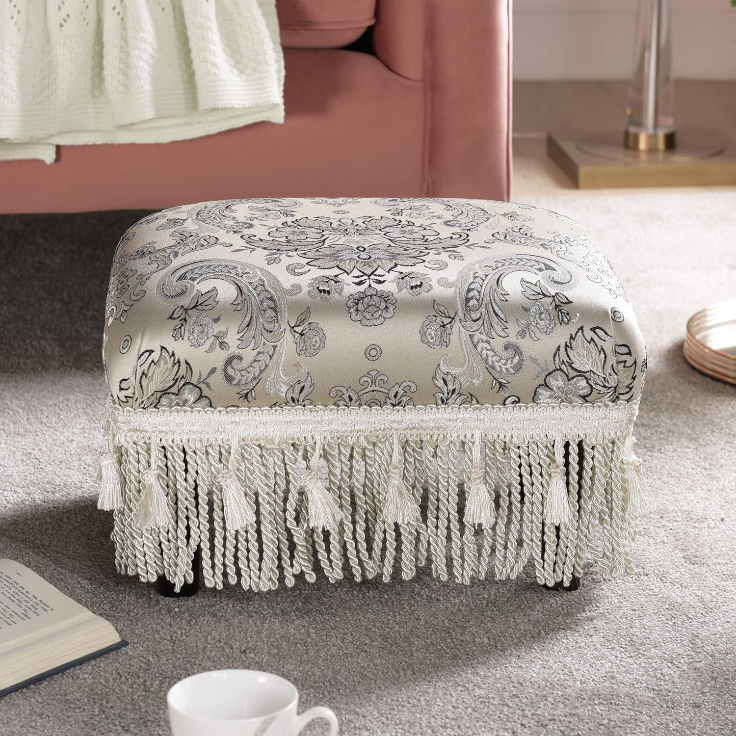 Jennifer Taylor Home Fiona Collection Traditional Style Upholstered Fringed and Tasseled Rectangular Wood Framed Footstool, Arabesque