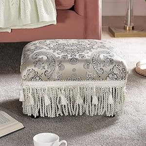 Jennifer Taylor Home Fiona Collection Traditional Style Upholstered Fringed and Tasseled Rectangular Wood Framed Footstool, Arabesque