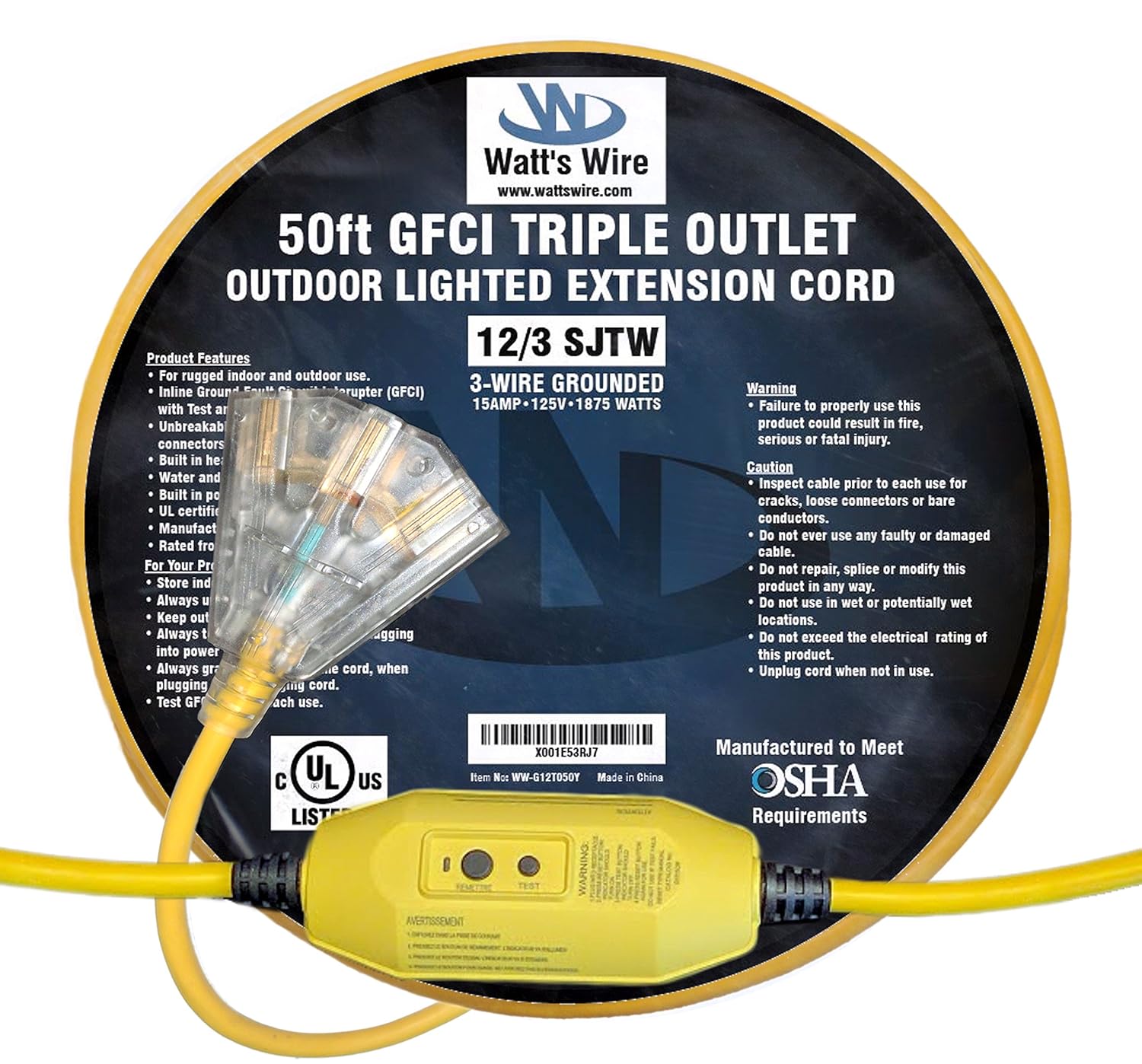 50ft GFCI 12/3 Heavy Duty 3Outlet SJTW Indoor/Outdoor UL Listed