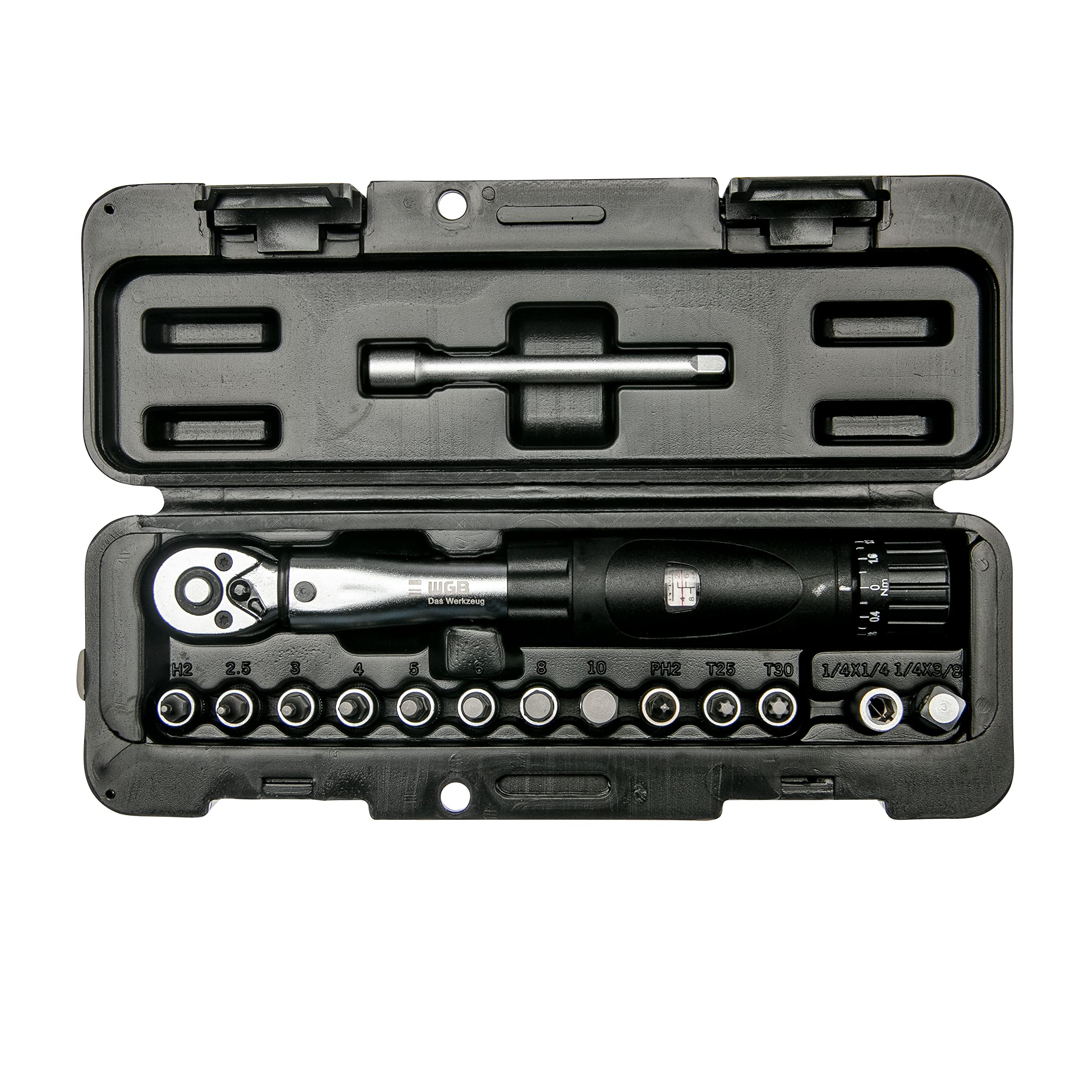 Torque Spanner Small 1/4" inch for car, Motorbike & Bicycle | Small Ratchet Box with bit Set 2-24 Nm 15 Pieces | Professional Socket Spanner Tool Set with sockets | WGB