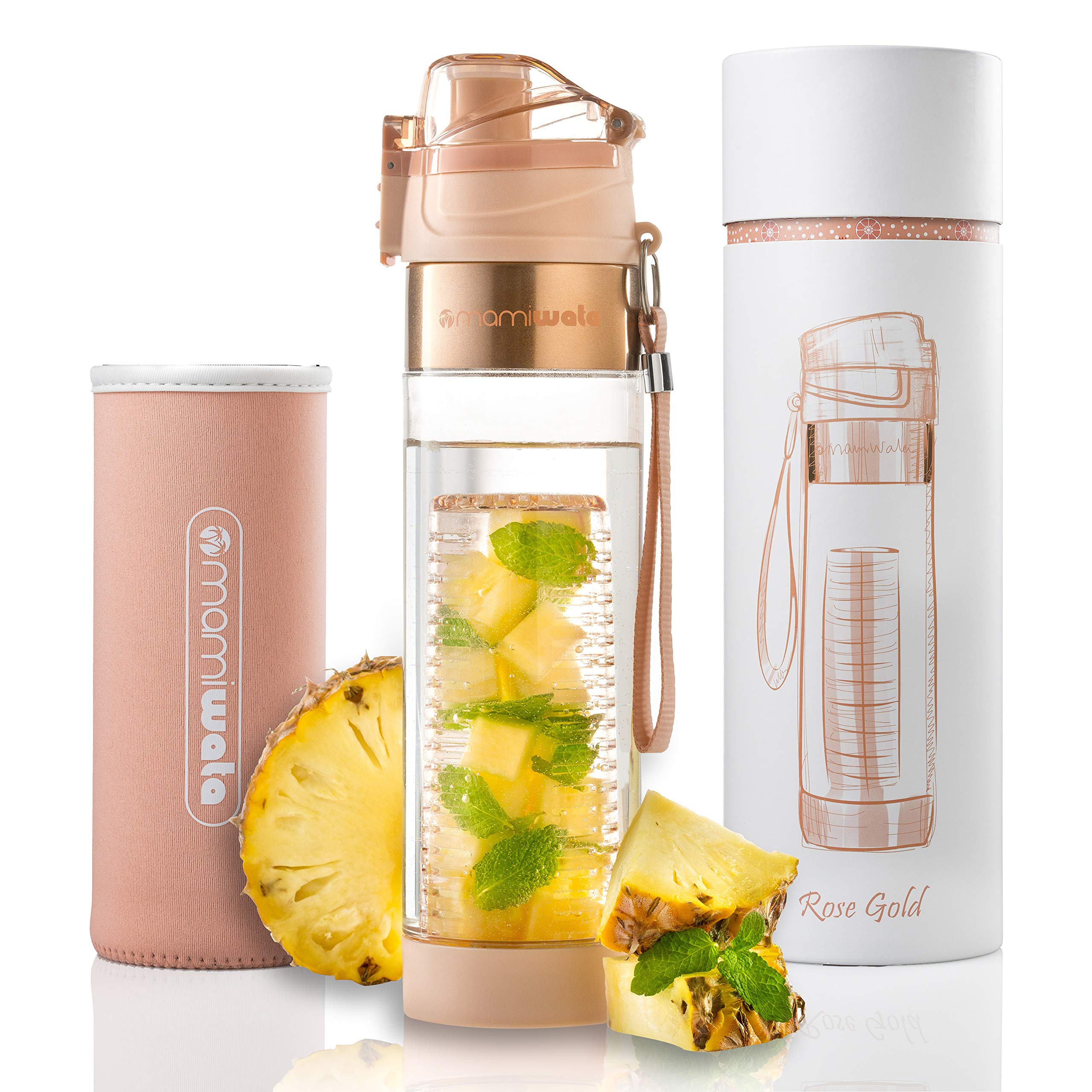 MAMI WATA Fruit Infuser Water Bottle – Unique Stylish Design – Includes Fruit Infused Water recipes eBook & Insulating sleeve – Bottom water Infusion for Enhanced Flavor – Beautiful Gift Box — image 1